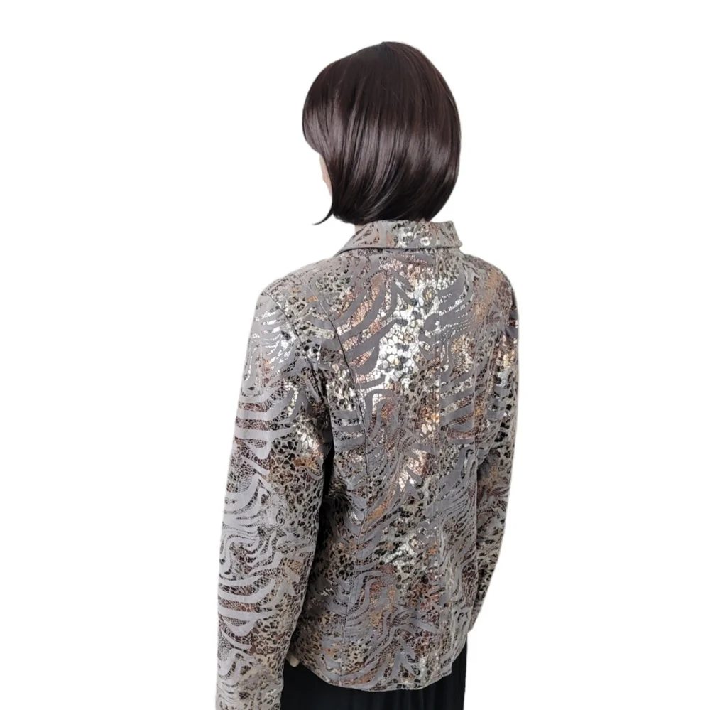 Bamboo Traders Faux Suede Jacket. Gray with Metallic Animal Print Sz L - Picture 5 of 8
